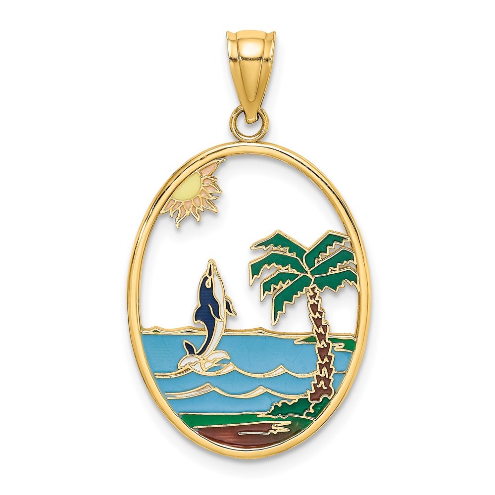 14K Yellow Gold Enamel Dolphin Jumping In Beach Scene Charm Pendant