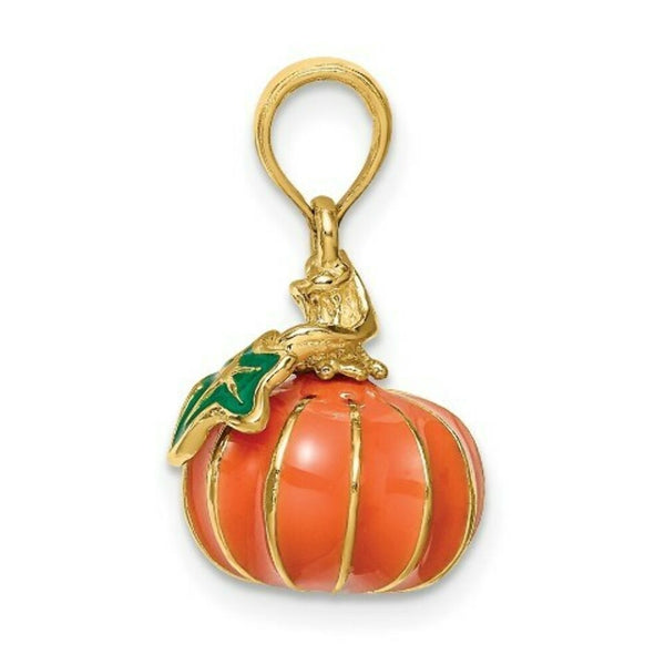 14K Yellow Gold 3-D Enameled Pumpkin Charm Pendant