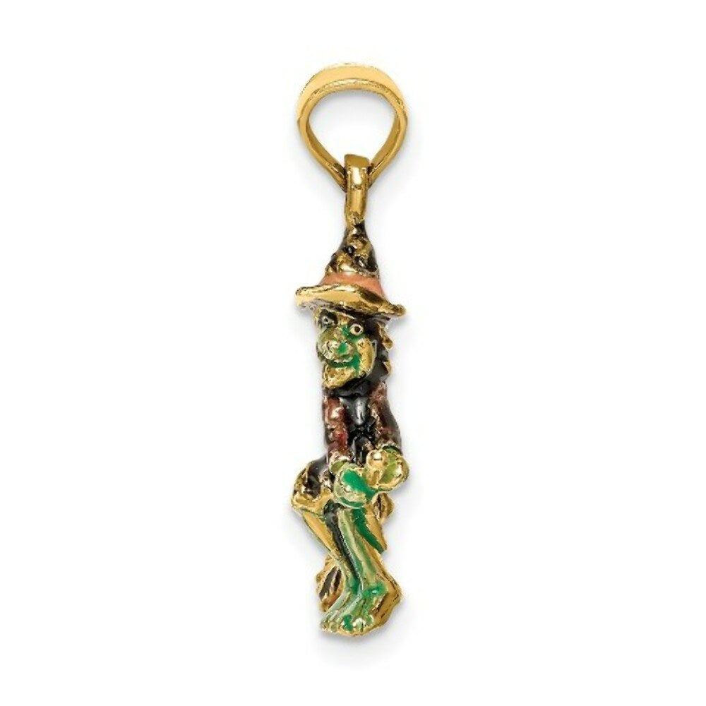 14K Yellow Gold 3-D Enameled Witch Flying on Broom Charm Pendant