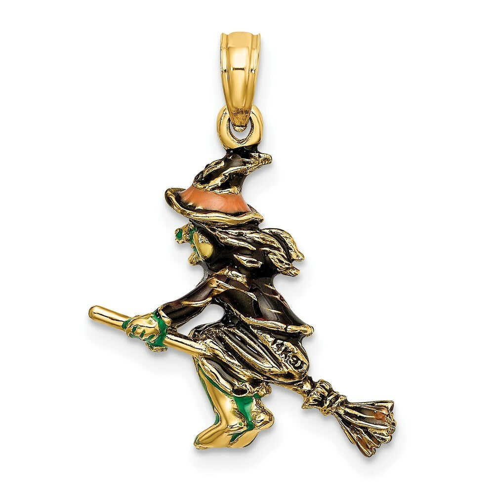 14K Yellow Gold 3-D Enameled Witch Flying on Broom Charm Pendant