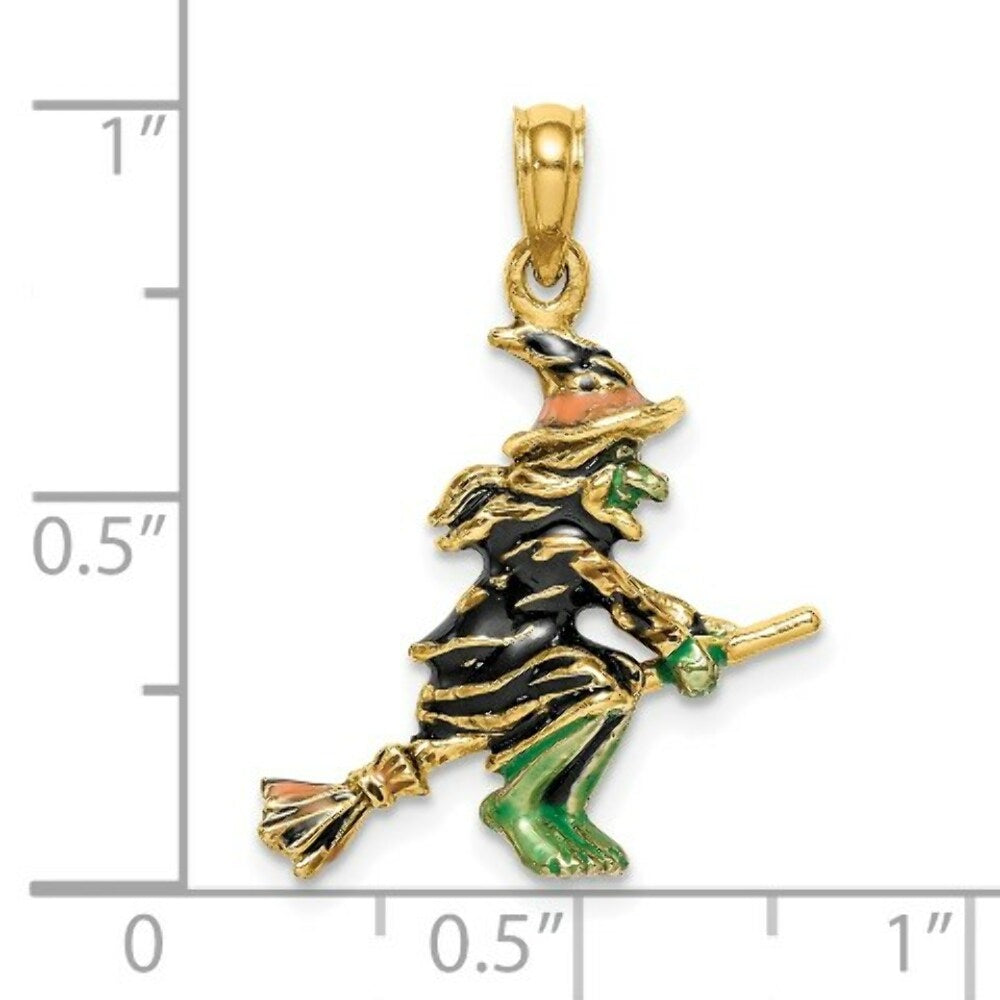 14K Yellow Gold 3-D Enameled Witch Flying on Broom Charm Pendant
