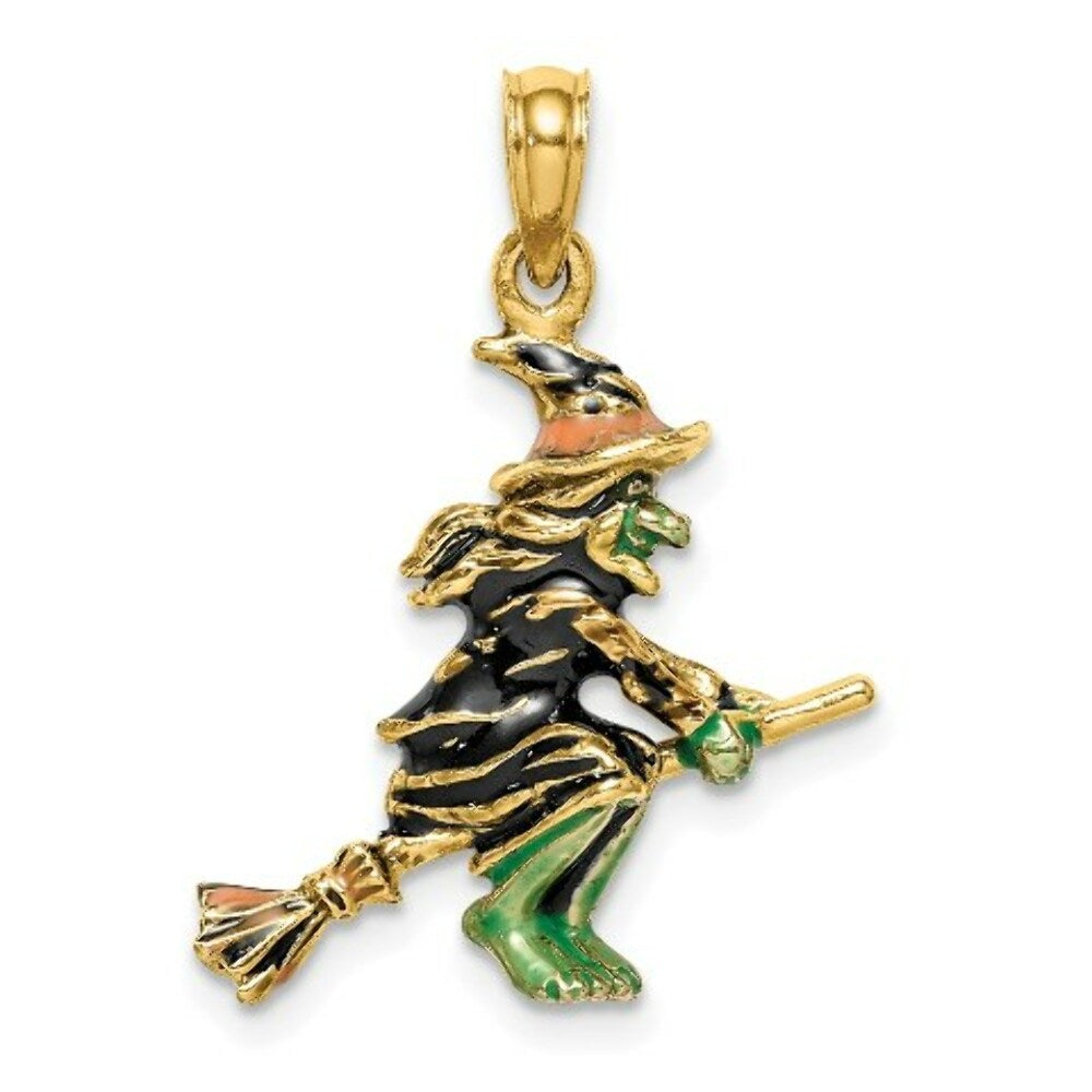 14K Yellow Gold 3-D Enameled Witch Flying on Broom Charm Pendant