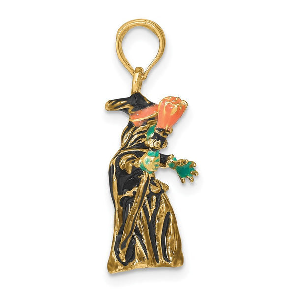 14K Yellow Gold 3-D Enameled Witch With Broom Charm Pendant