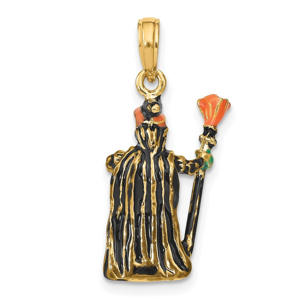 14K Yellow Gold 3-D Enameled Witch With Broom Charm Pendant