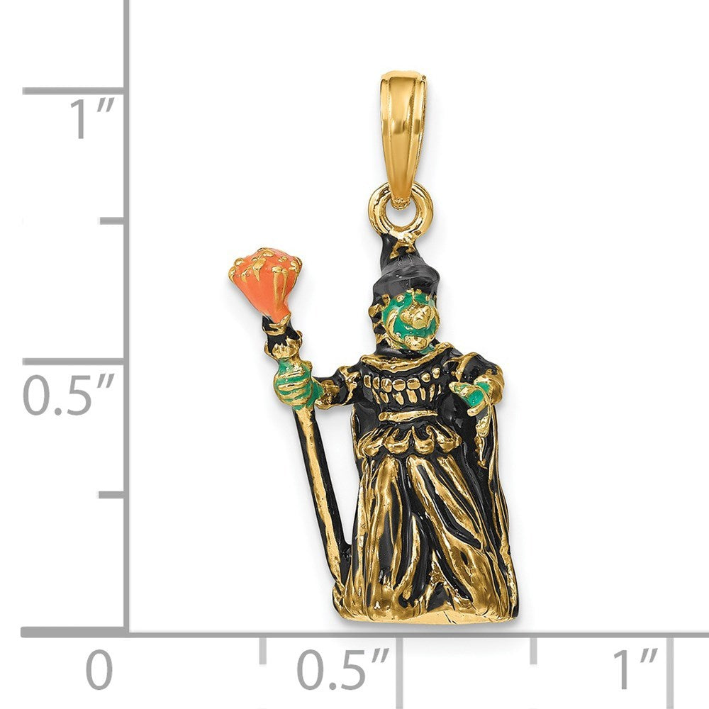14K Yellow Gold 3-D Enameled Witch With Broom Charm Pendant