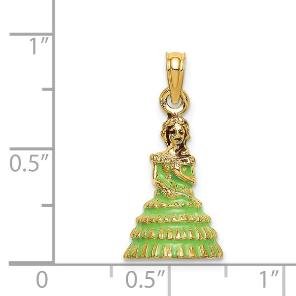 14K Yellow Gold 3-D With Green Dress Enamel CHARLESTON SOUTHERN BELLE Charm Pendant