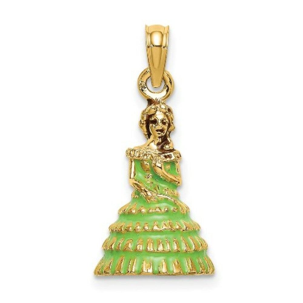 14K Yellow Gold 3-D With Green Dress Enamel CHARLESTON SOUTHERN BELLE Charm Pendant
