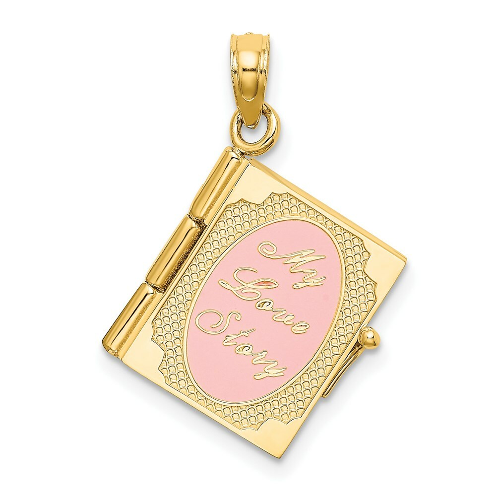 14K Yellow Gold Polished Enameled Moveable MY Love STORY Book Pendant