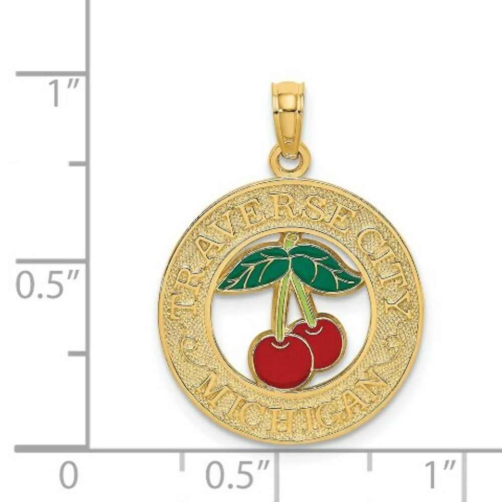 14K Yellow Gold TRAVERSE CITY, MI On Round Frame With Enamel Cherry Charm Pendant