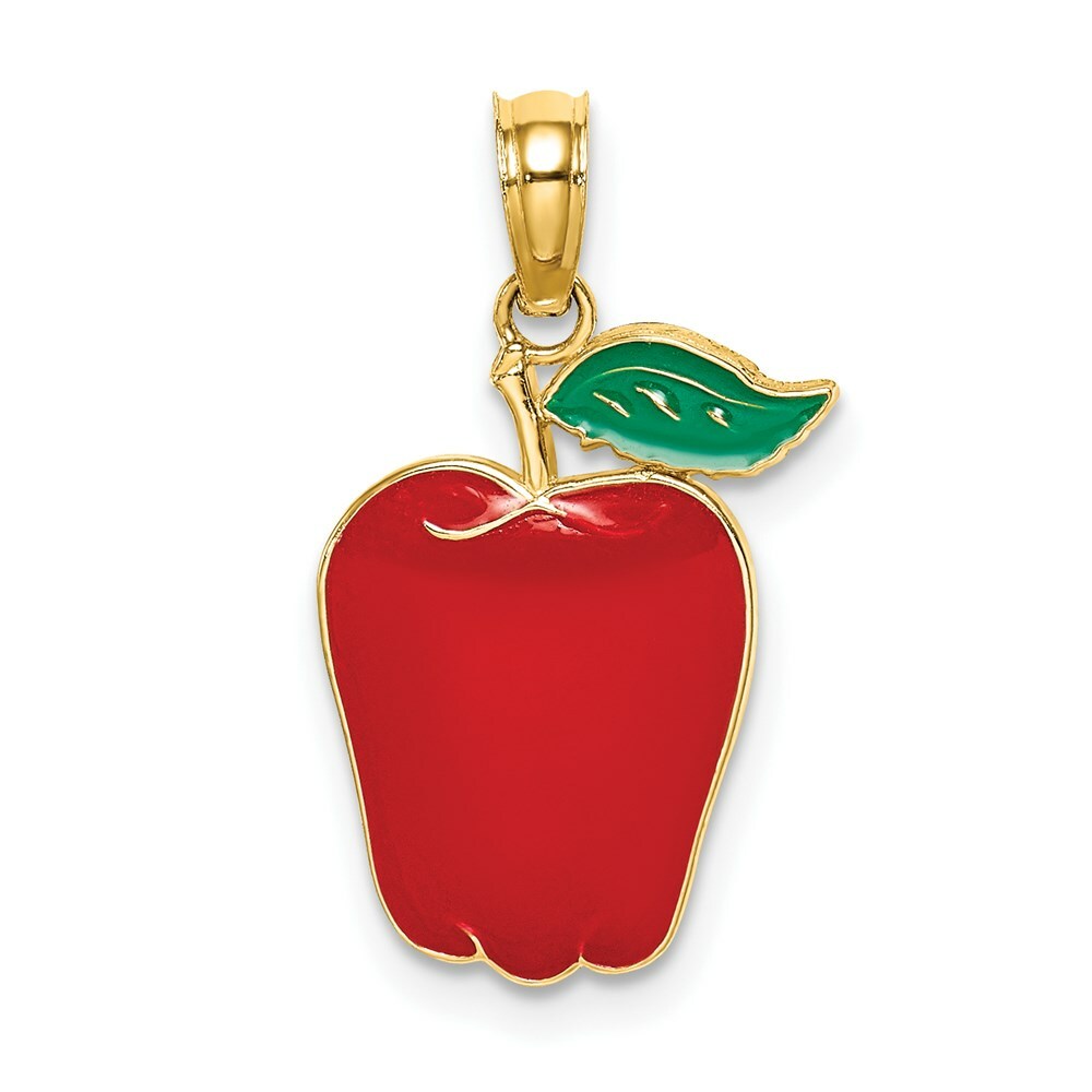 14K Yellow Gold Enameled Red Delicious Apple With Stem and Leaf 2-D