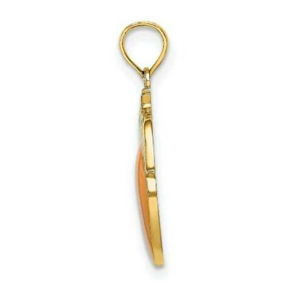 Orange Fruit With Stem & Leaf / 2-D- 14K Yellow Gold Enameled Pendant