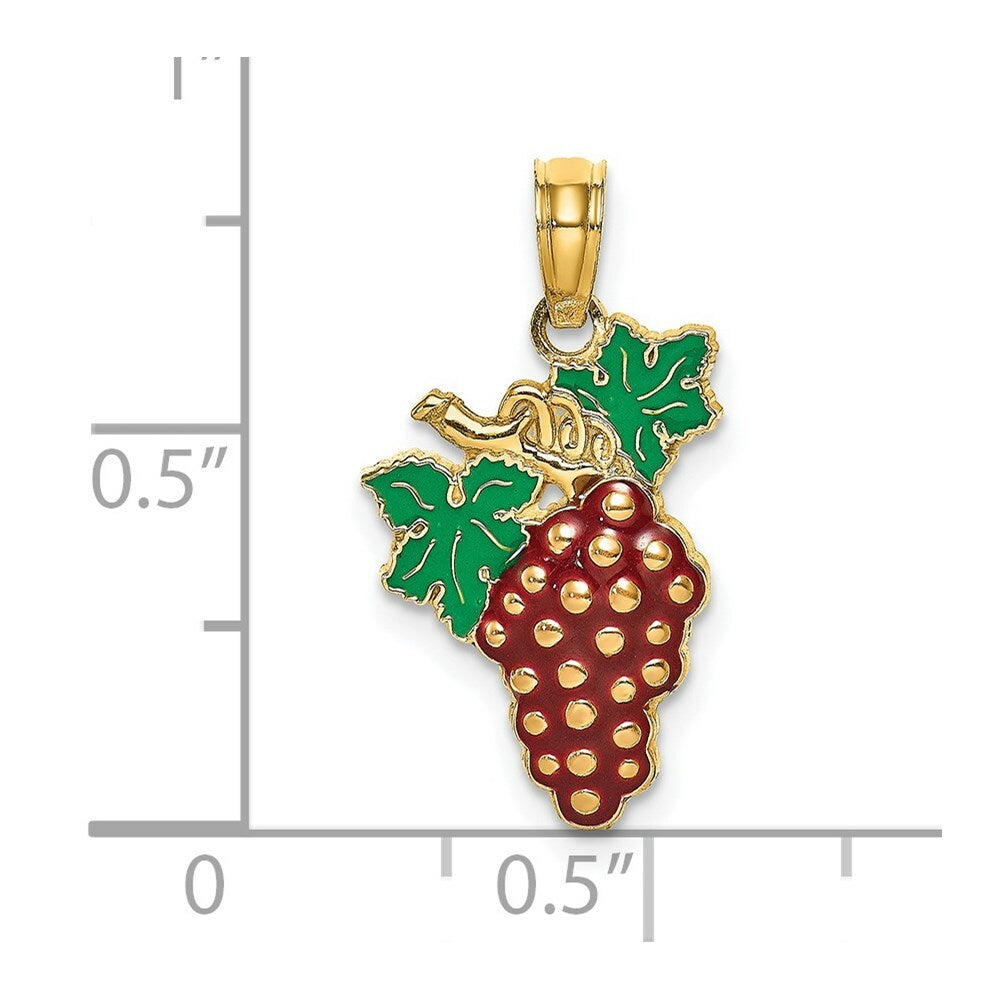14K Yellow Gold With Enamel 2-D Grapes With Stem & Leaf Charm Pendant