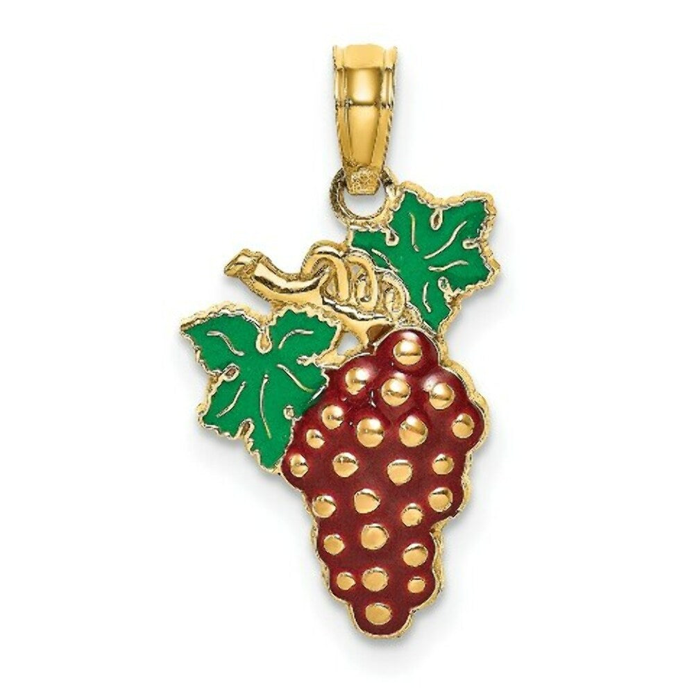 14K Yellow Gold With Enamel 2-D Grapes With Stem & Leaf Charm Pendant