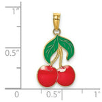 Load image into Gallery viewer, 14K Yellow Gold With Enamel 2-D Cherries With stem &amp; Leaf Charm Pendant
