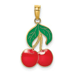Load image into Gallery viewer, 14K Yellow Gold With Enamel 2-D Cherries With stem &amp; Leaf Charm Pendant
