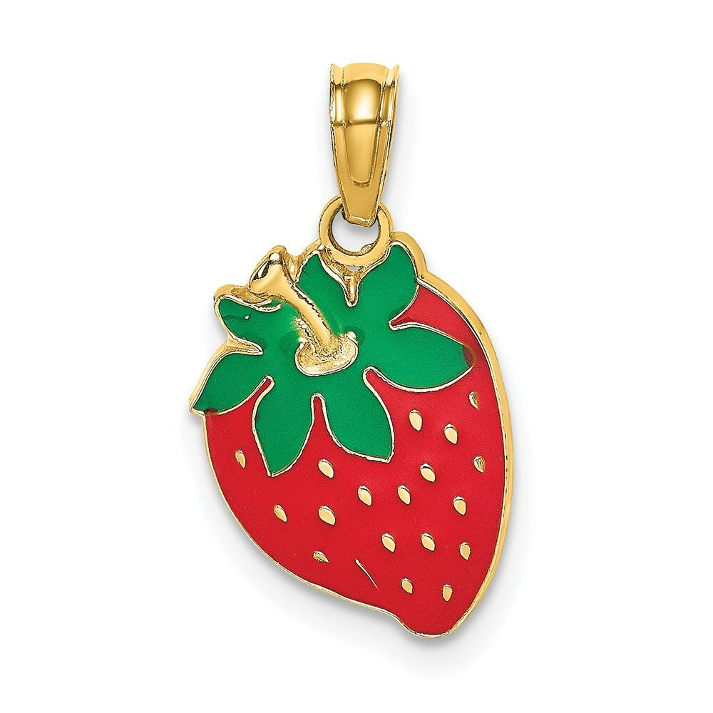 14K Yellow Gold With Enamel 2-D Strawberry With Stem & Leaf Charm Pendant