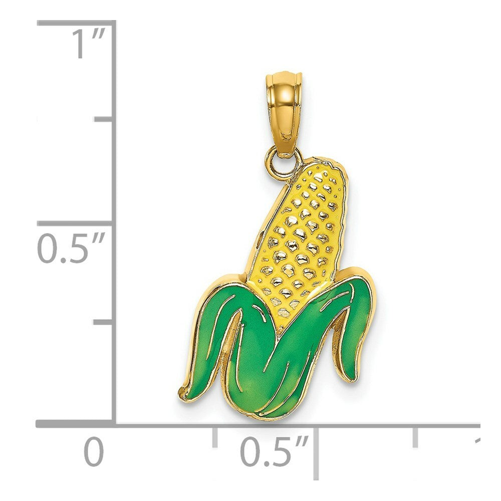 14K Yellow Gold With Enamel 2-D Corn With Peeled Husk Charm Pendant