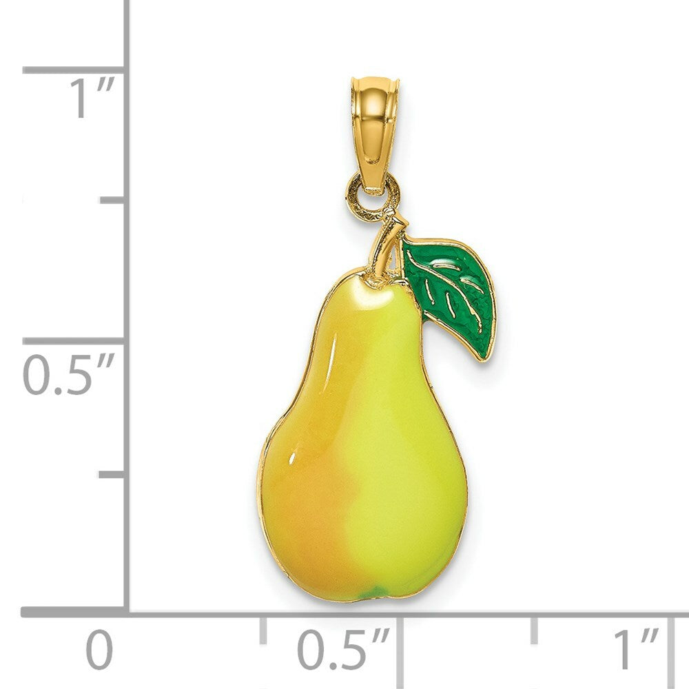 14K Yellow Gold With Enamel 2-D Comice Pear With Stem & Leaf Charm Pendant