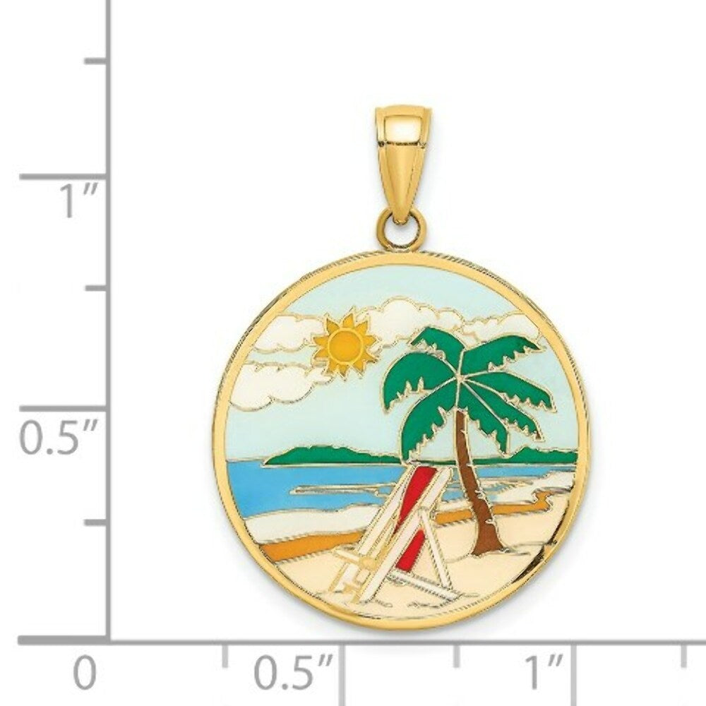14K Yellow Gold Enamel Beach Scene On Round Disc Charm Pendant