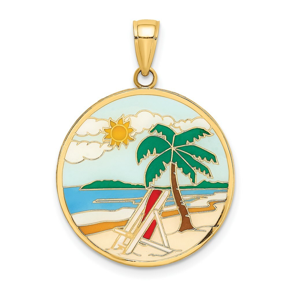 14K Yellow Gold Enamel Beach Scene On Round Disc Charm Pendant