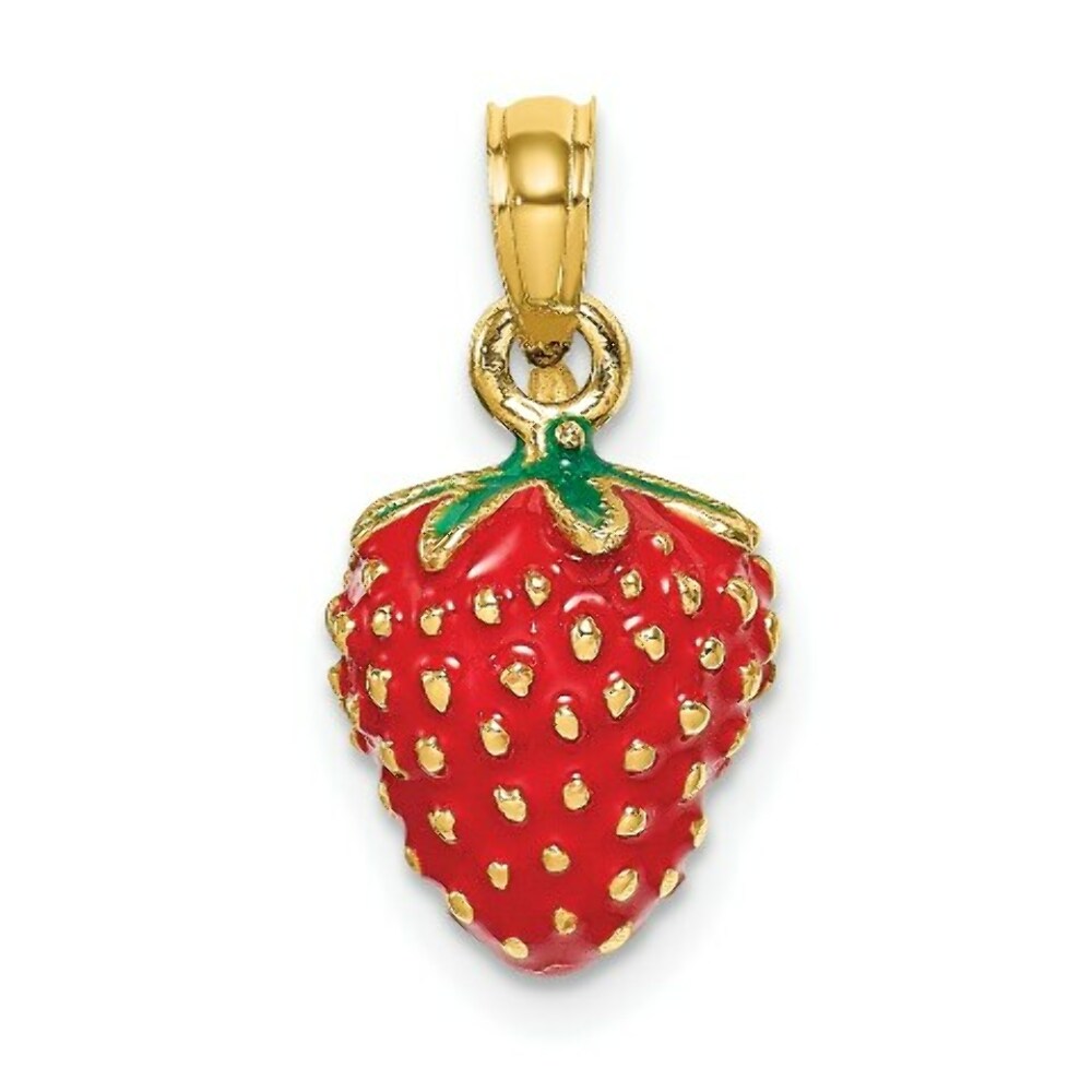 14K Yellow Gold With Enamel 3-D Strawberry & Leaf Charm Pendant