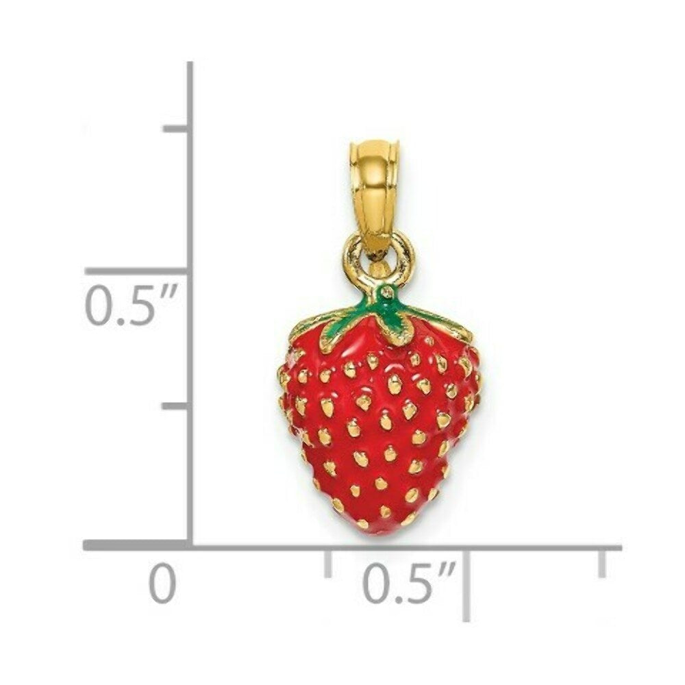 14K Yellow Gold With Enamel 3-D Strawberry & Leaf Charm Pendant