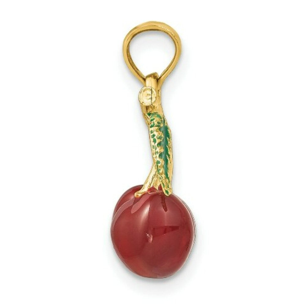 14K Yellow Gold 3-D Enamel Cherries With Stem & Leaf Charm Pendant