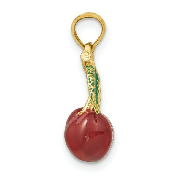 14K Yellow Gold 3-D Enamel Cherries With Stem & Leaf Charm Pendant