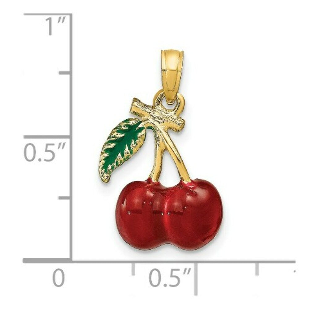 14K Yellow Gold 3-D Enamel Cherries With Stem & Leaf Charm Pendant
