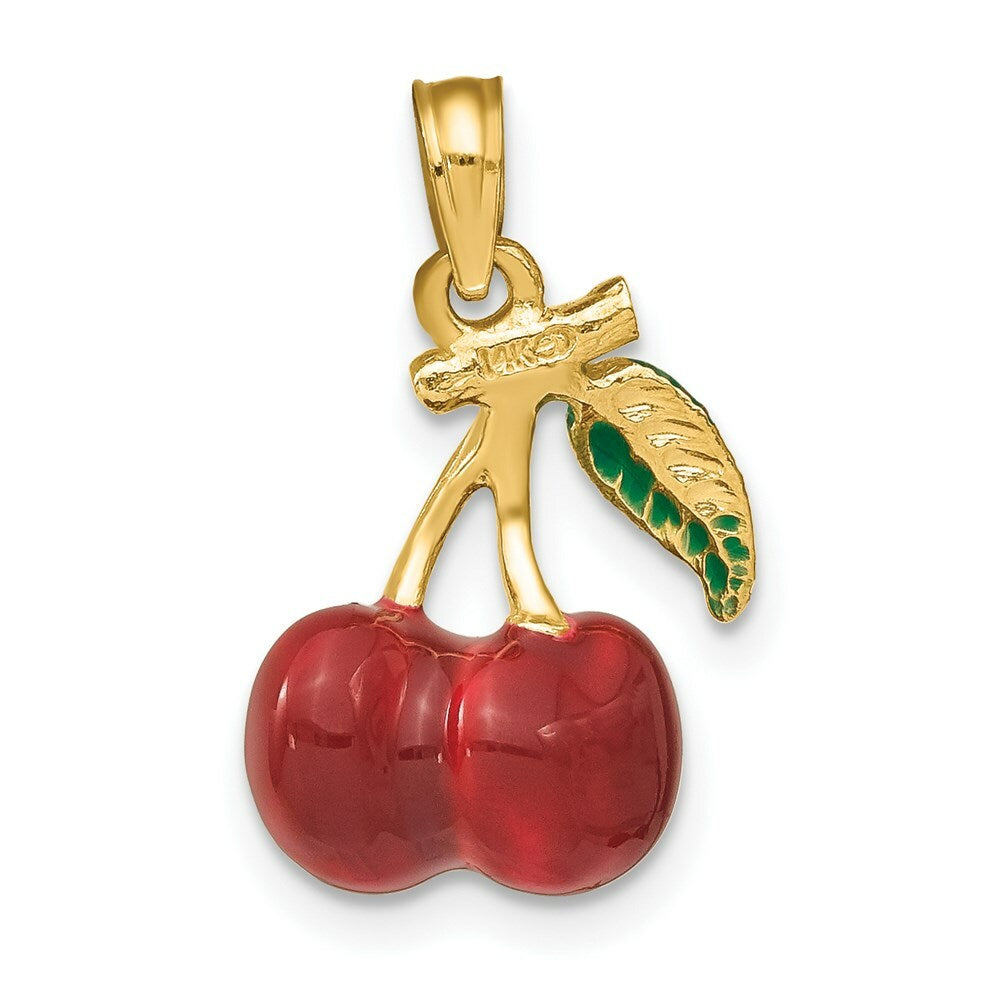 14K Yellow Gold 3-D Enamel Cherries With Stem & Leaf Charm Pendant