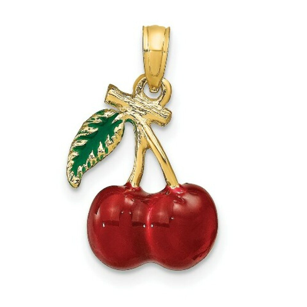 14K Yellow Gold 3-D Enamel Cherries With Stem & Leaf Charm Pendant