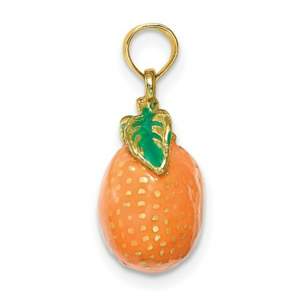 14K Yellow Gold With Enamel 3-D Orange With Stem & Leaf Charm Pendant