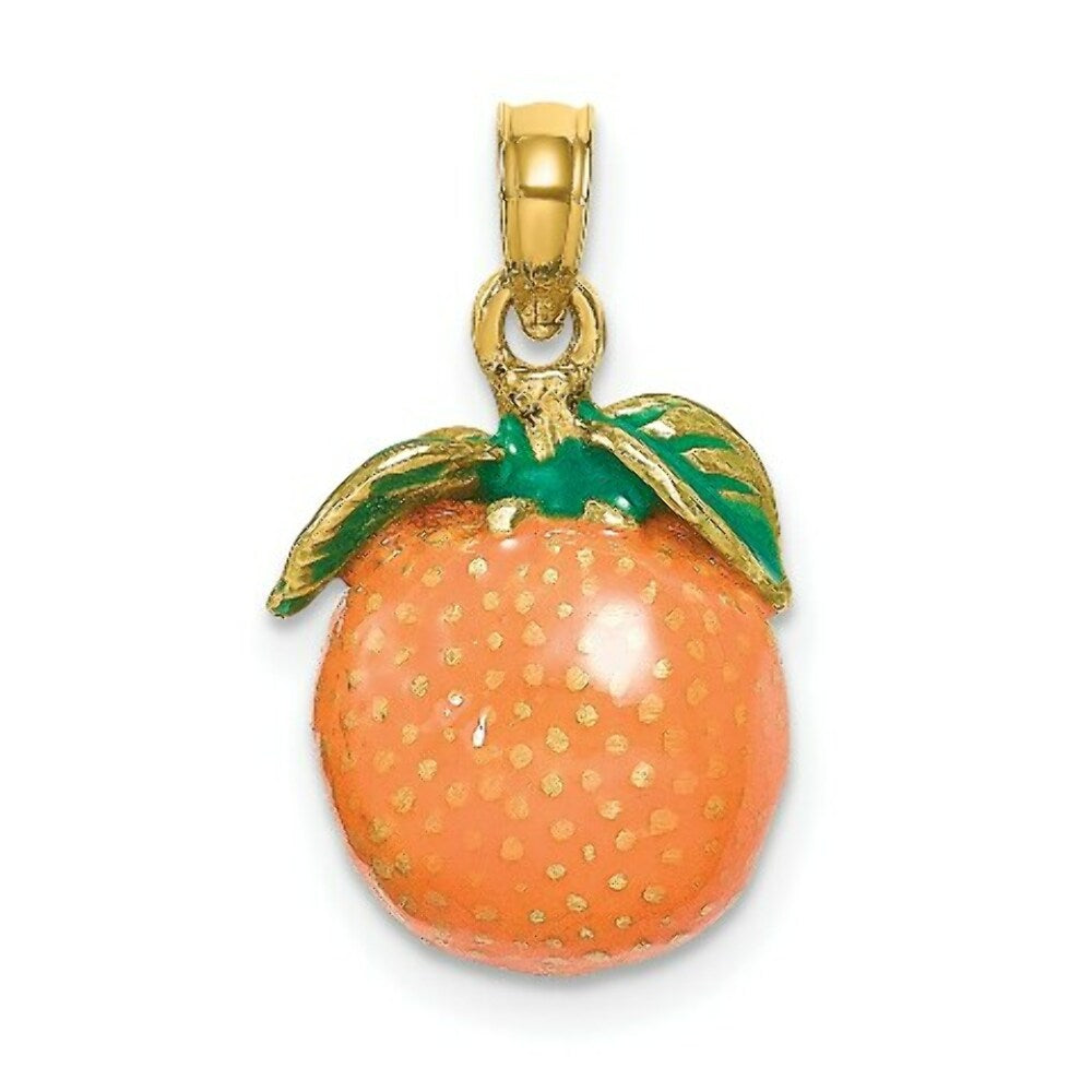 14K Yellow Gold With Enamel 3-D Orange With Stem & Leaf Charm Pendant
