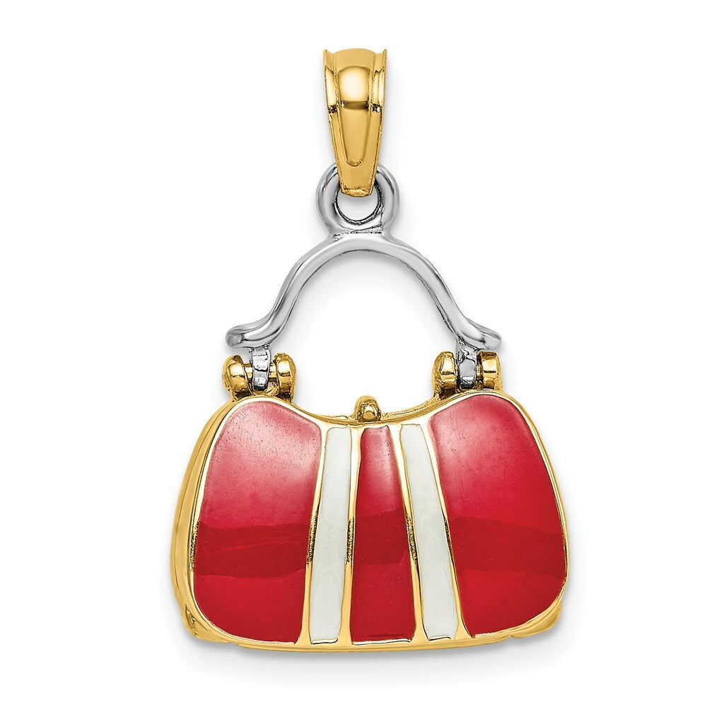 14K Yellow Gold 3-D Red Enameled HANDBAG MOVEABLE Charm Pendant