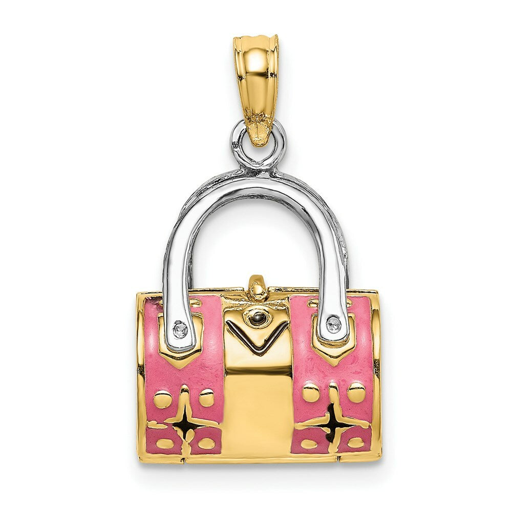 14K Yellow Gold 3-D Pink Enameled HANDBAG MOVEABLE Charm Pendant