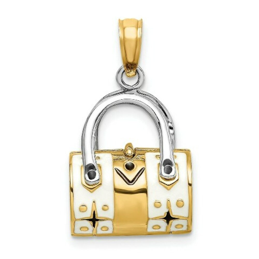14K Yellow Gold 3-D White Enameled HANDBAG MOVEABLE Charm Pendant