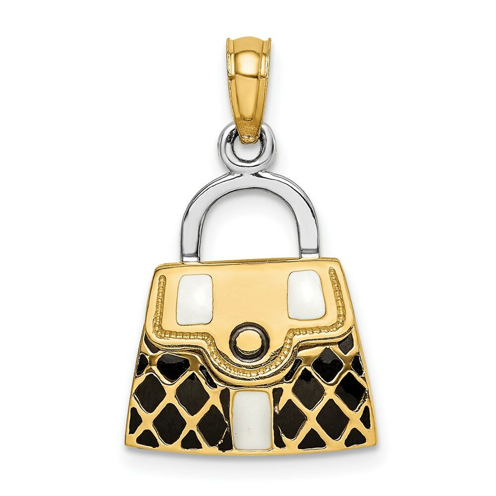 14K Yellow Gold 3-D With Black with White Enamel Moveable Handbag Charm Pendant