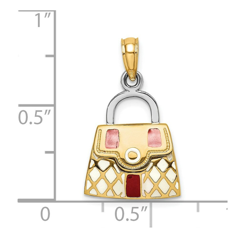 14K Yellow Gold 3-D With Red with White Enamel Moveable Handbag Charm Pendant