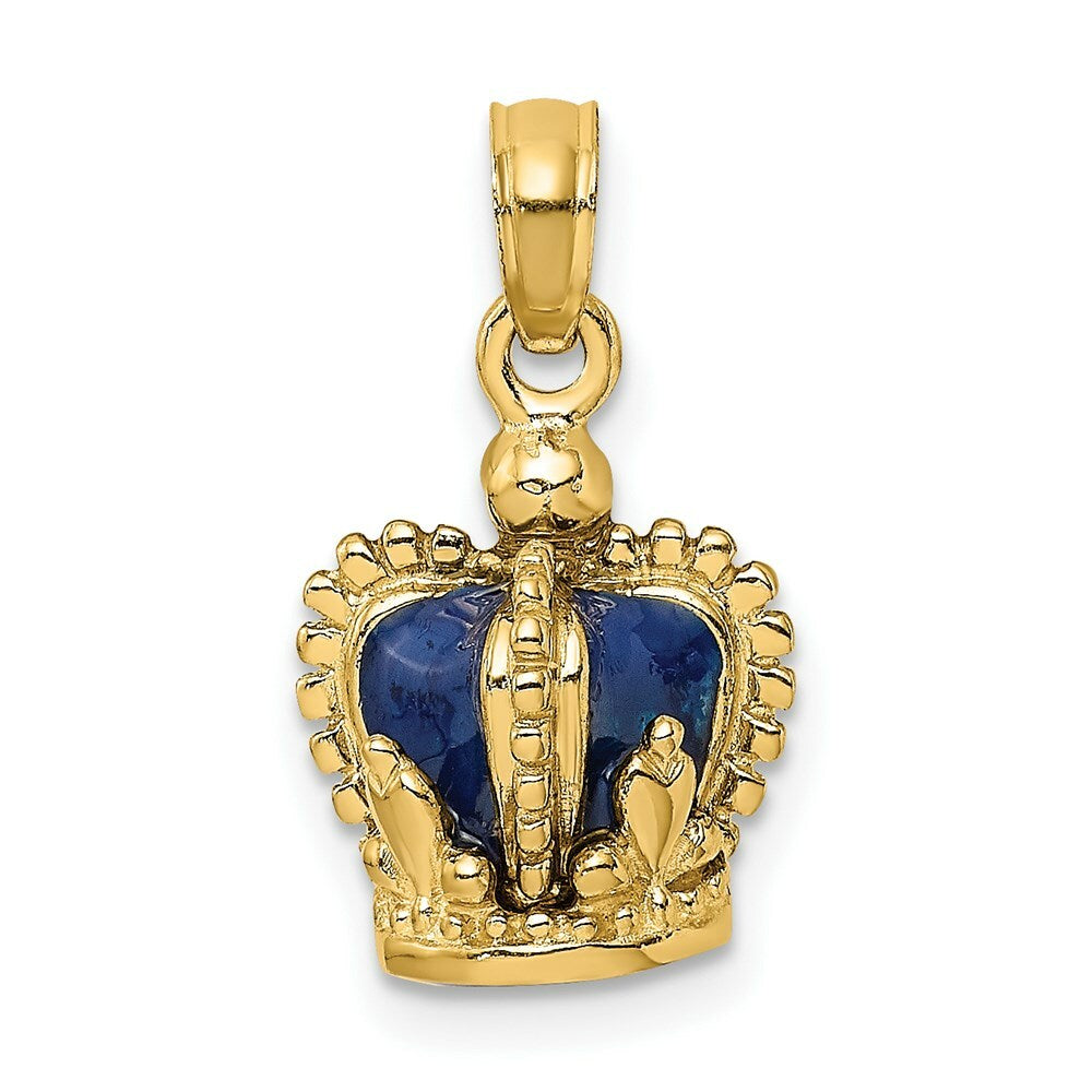 14K Yellow Gold 3-D With Blue Enamel Inside Crown Charm Pendant
