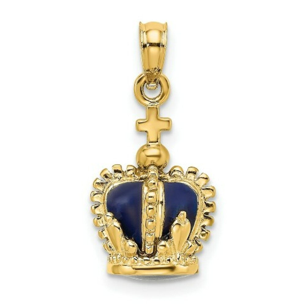 14K Yellow Gold 3-D With Enamel Crown With Cross On Top Charm Pendant