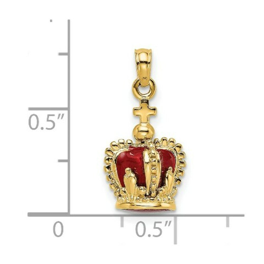 14K Yellow Gold 3-D With Red Enamel Inside Crown With Cross On top Charm Pendant