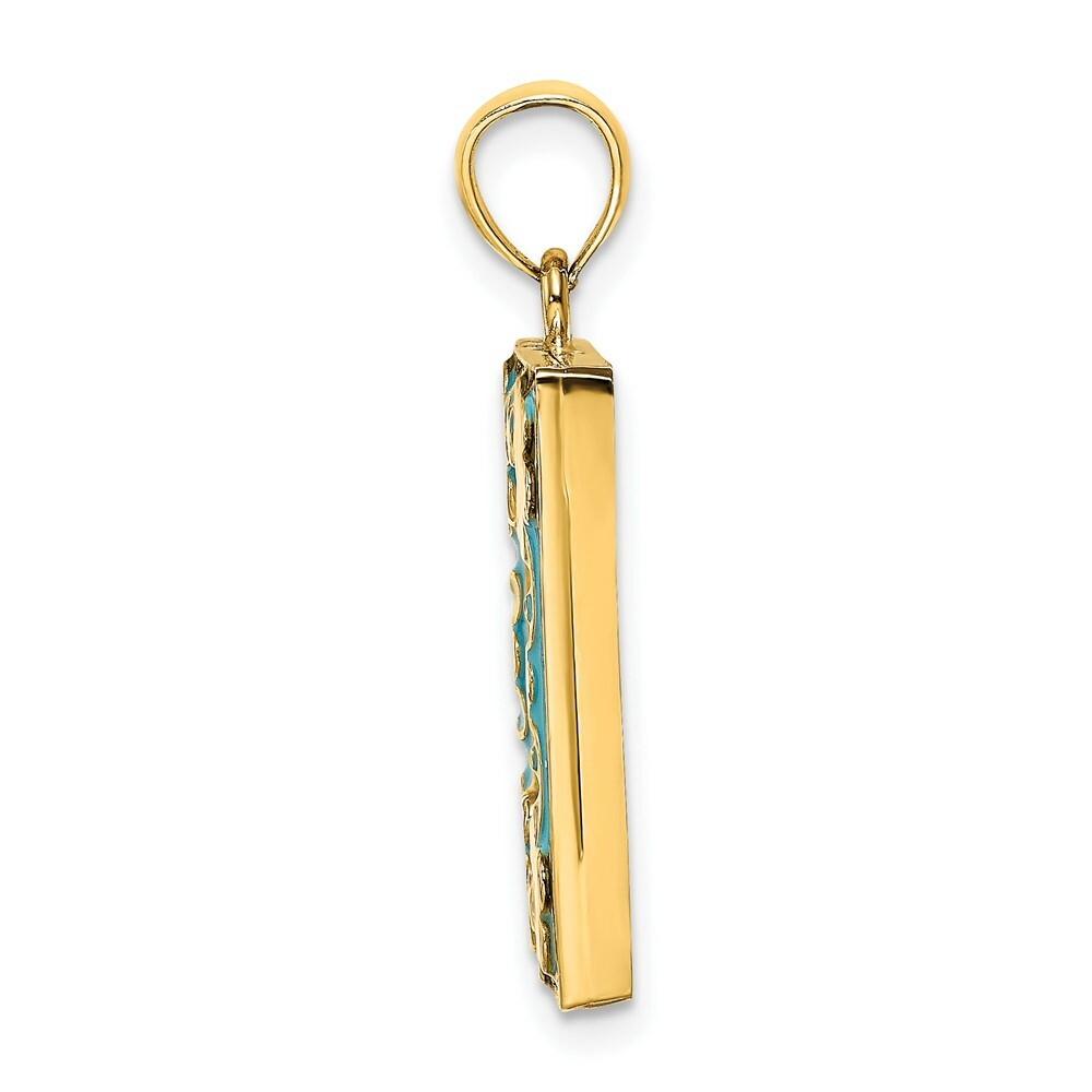 14K Yellow Gold With Enamel Aqua Picture Frame With flowers Charm Pendant