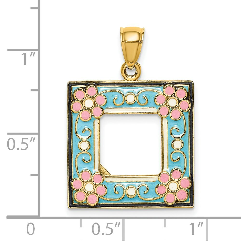 14K Yellow Gold With Enamel Aqua Picture Frame With flowers Charm Pendant