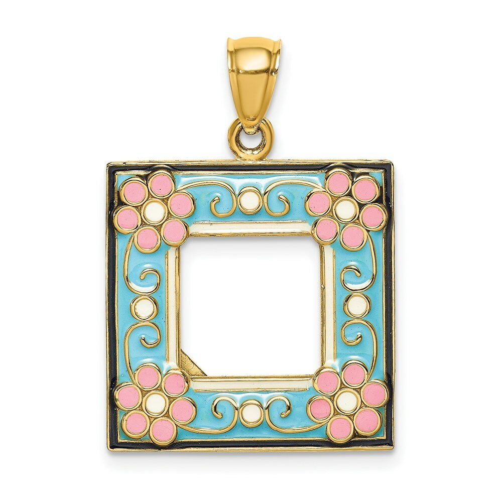 14K Yellow Gold With Enamel Aqua Picture Frame With flowers Charm Pendant