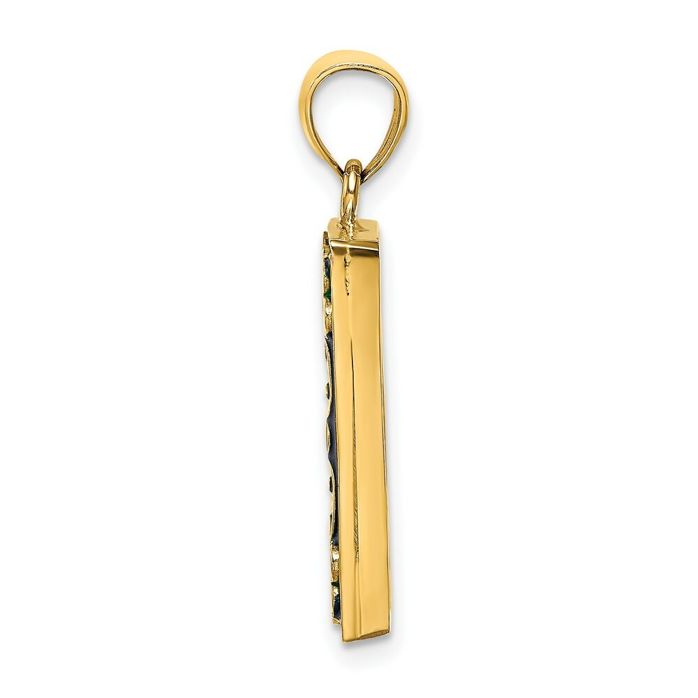 14K Yellow Gold With Enamel Navy Picture Frame With Flowers Charm Pendant