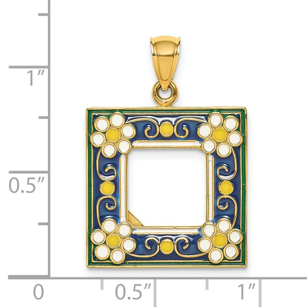 14K Yellow Gold With Enamel Navy Picture Frame With Flowers Charm Pendant