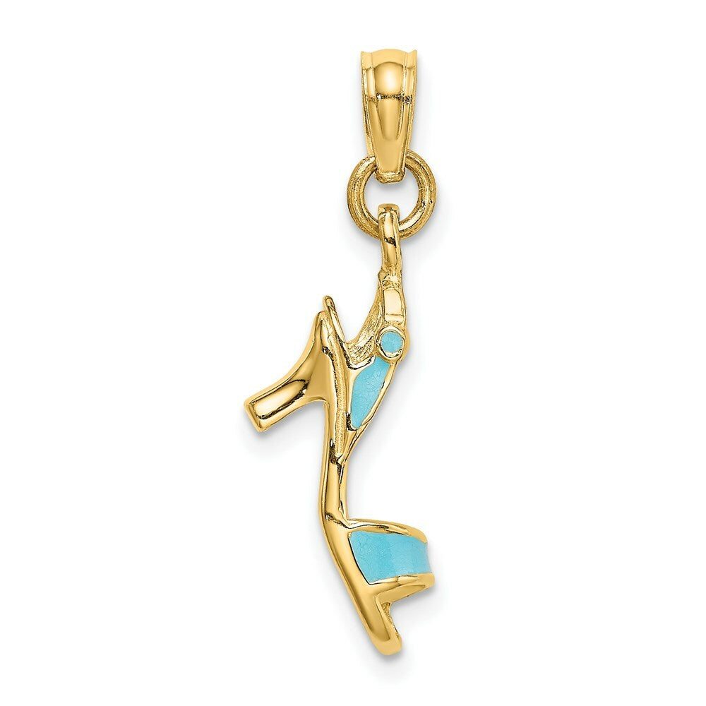 14K Yellow Gold 3-D Aqua Enamel Open Toe High Heel Charm Pendant