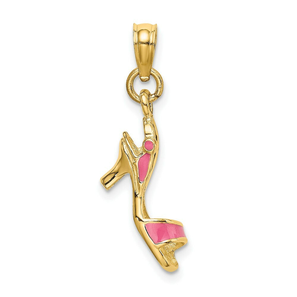 14K Yellow Gold 3-D Pink Enamel Open Toe High Heel Charm Pendant