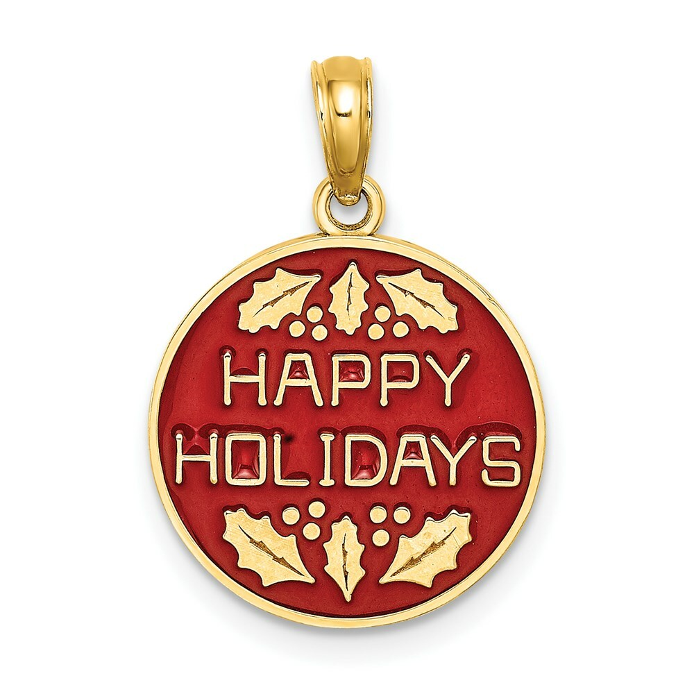 14K Yellow Gold With Enamel HAPPY HOLIDAYS With Holly On Round Disc Charm Pendant