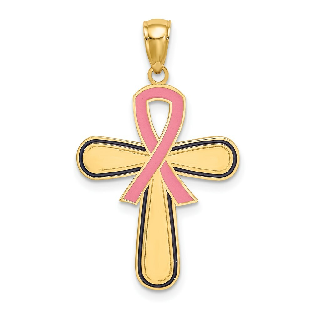 14K Yellow Gold Enamel Pink Ribbon Breast Cancer Cross